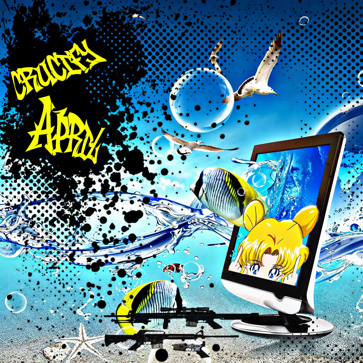 A stylized digital collage features a computer monitor displaying an anime character, surrounded by dynamic waves, fish, birds, and a cosmic backdrop with bold yellow text overlay.