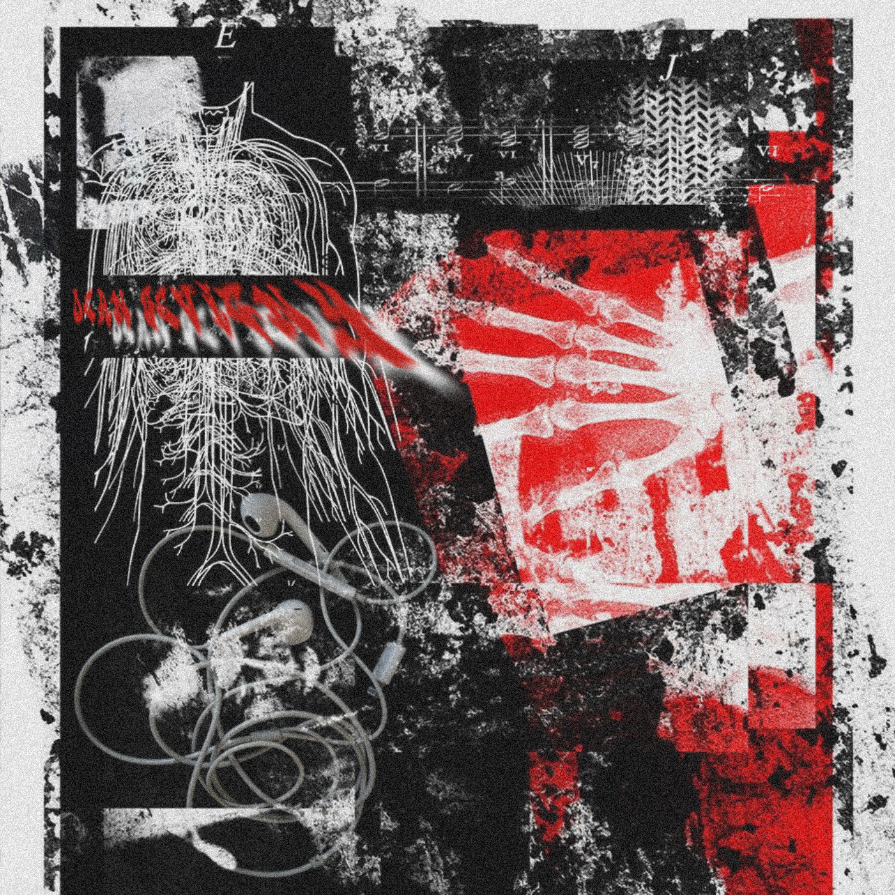 A chaotic abstract composition featuring intersecting lines, geometric shapes, and scattered text fragments in black, white, and red.