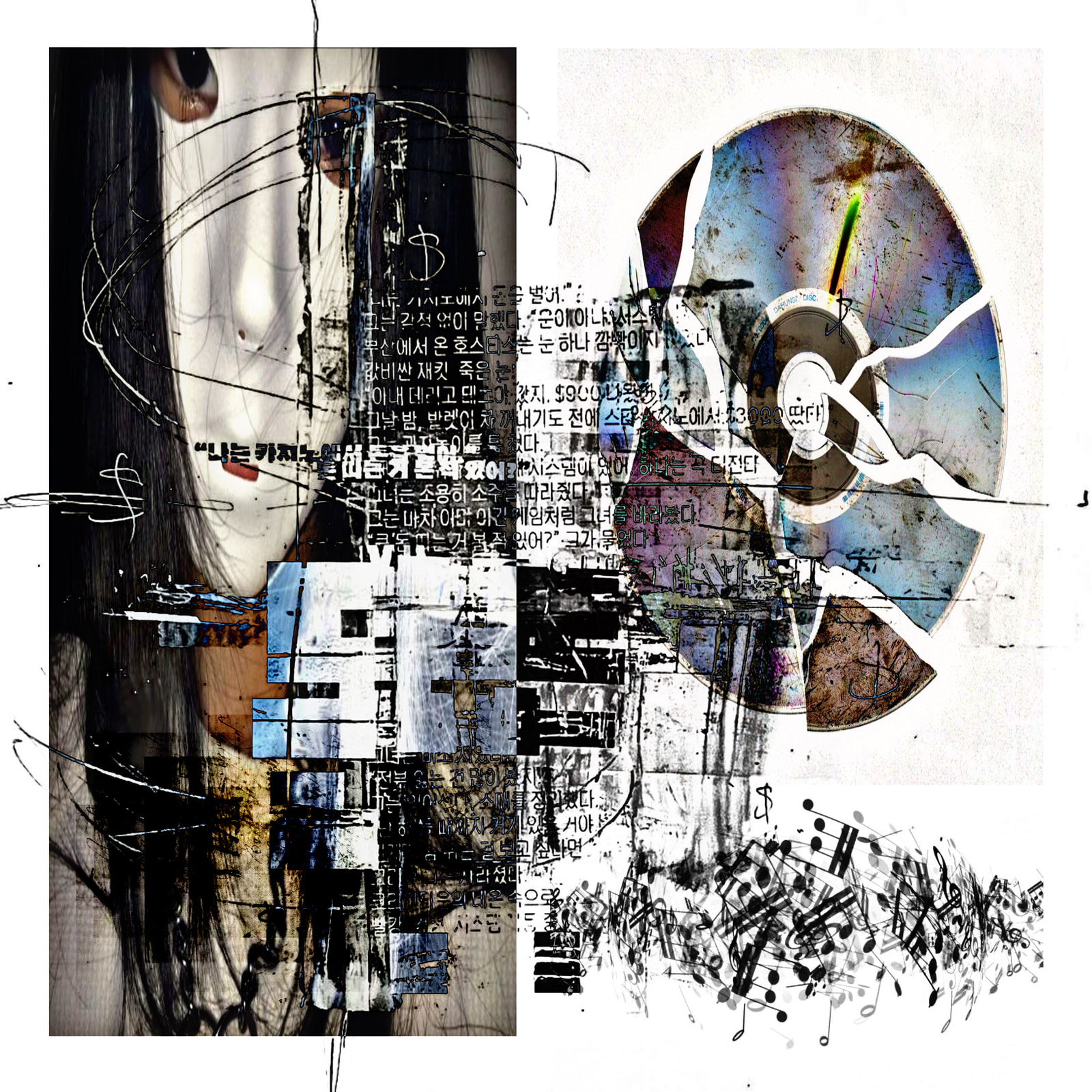 A fragmented collage featuring a stylized human face, abstract shapes, musical notes, and Korean text fragments layered over a textured background.