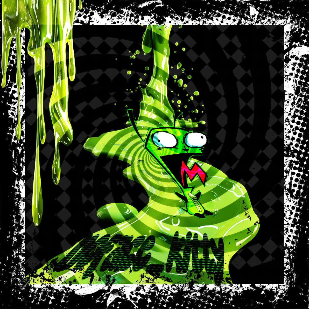 A green, cartoonish fly with large eyes and a red mouth is shown in a stylized, graphic design with a black and white grunge background.