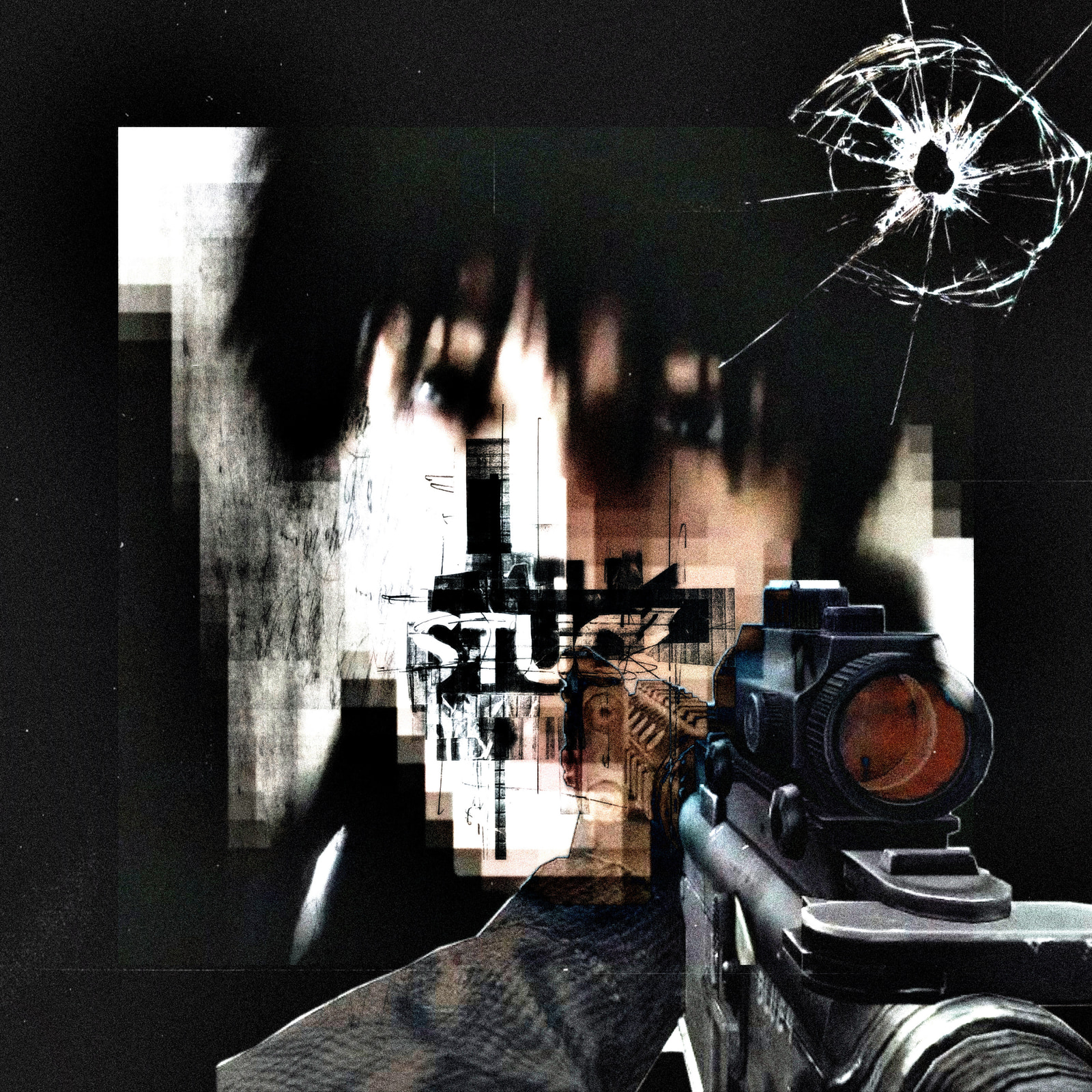 A close-up view shows a rifle with a scope aimed through a shattered window, with smoke and flames visible in the background.