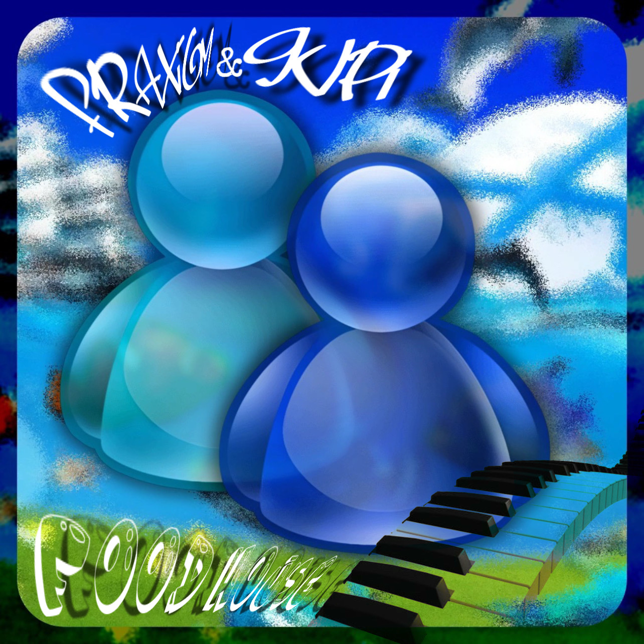 Abstract blue spheres float over a piano keyboard with a gradient blue background.