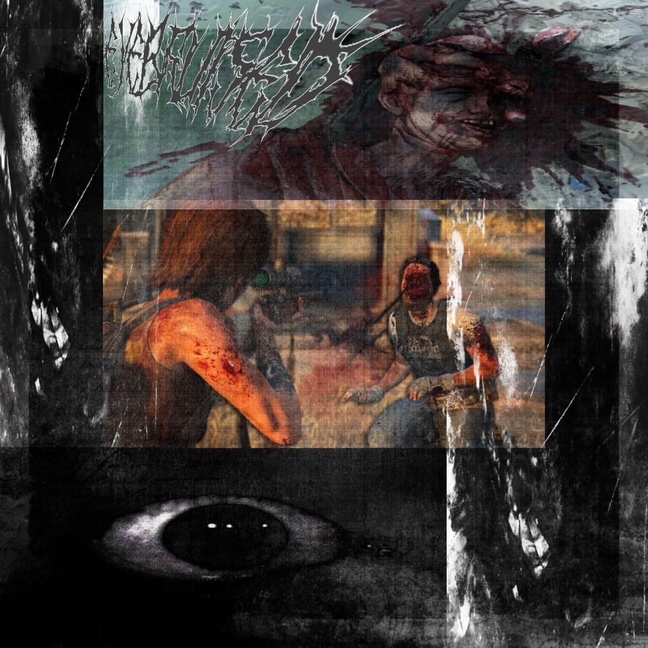 A collage of three distinct images: a stylized, graphic design with bold lettering; a dramatic scene of a person with a weapon in a tense, action-packed setting; and a close-up of an intense, dark eye.
