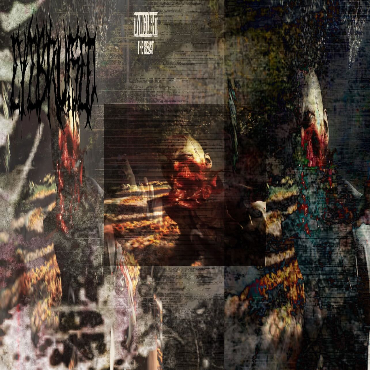 A stylized collage featuring a central, close-up portrait of a person with a dramatic, bloodied expression, surrounded by fragmented, grunge-style textures and graphic elements.