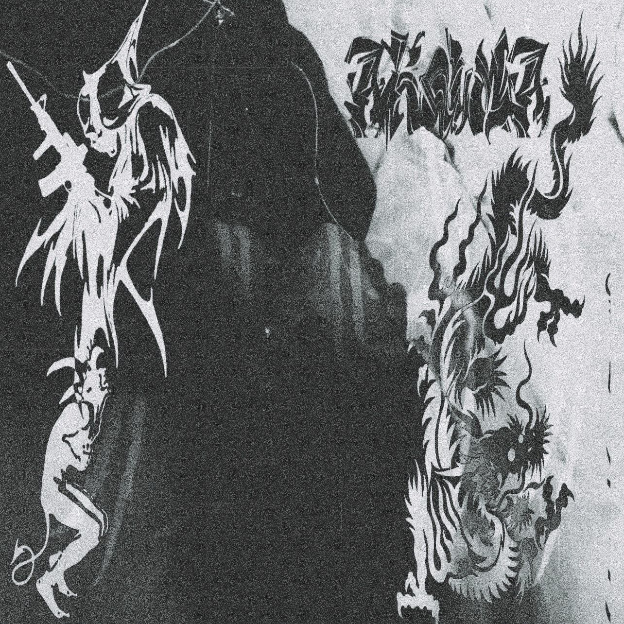 A stylized black-and-white illustration depicts a winged demon with horns and a tail, gripping a smaller figure, set against a chaotic background of swirling flames and dark shapes.