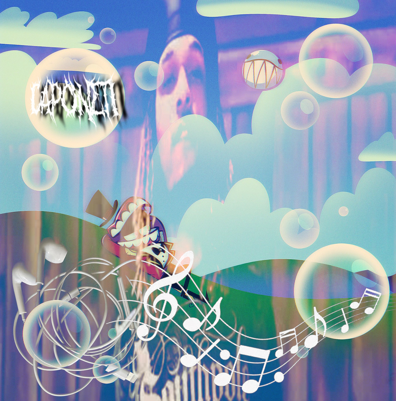 A stylized cartoon character with a red hat and glasses floats among floating musical notes and bubbles against a vibrant, abstract background.