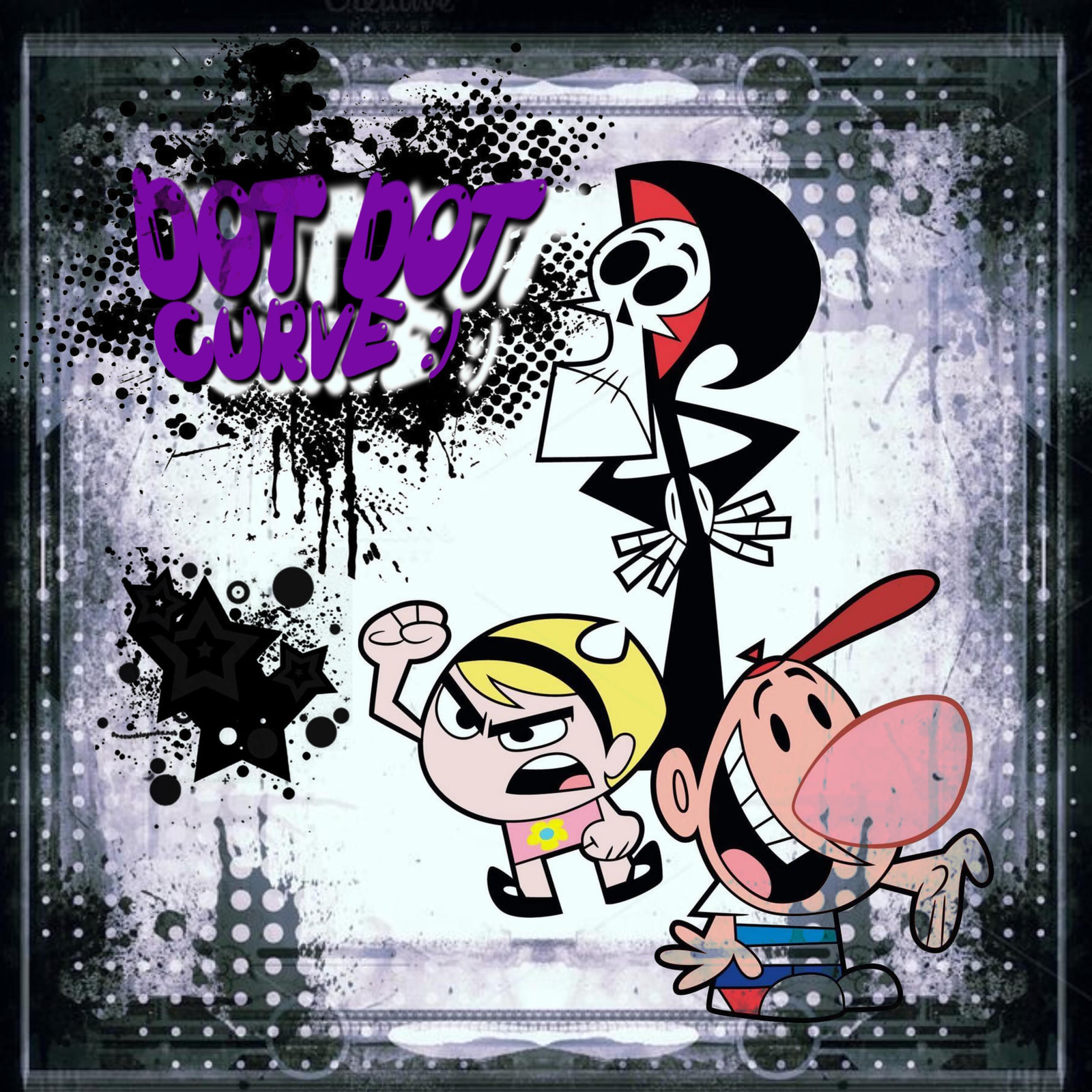 Two cartoon characters in a dynamic pose, one with a skull mask and the other with a yellow hat, set against a grunge-style background with splattered paint and bold purple text reading "DOT DOT CURVE."