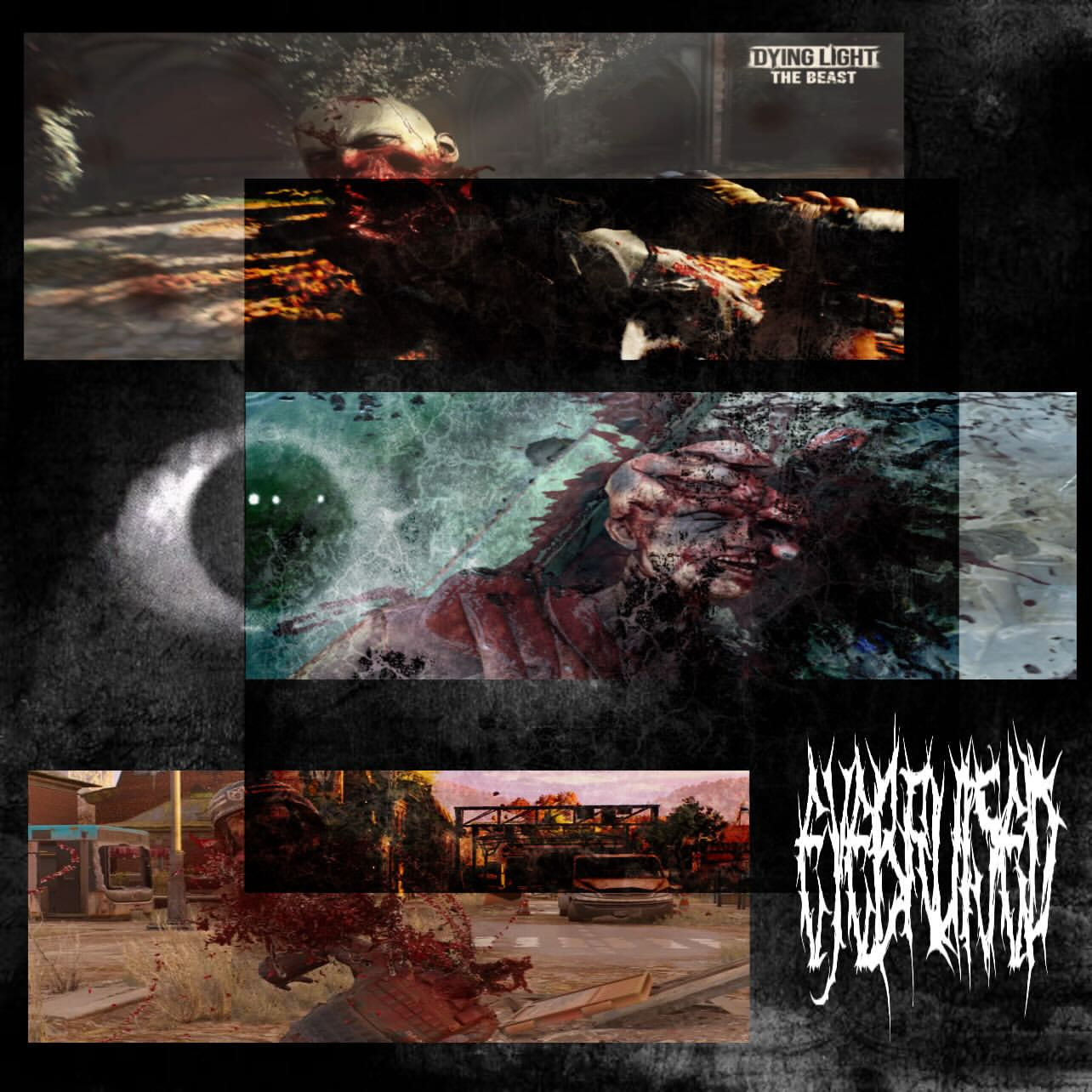 Bloodied creature with exposed flesh and torn clothing stands amidst debris in a dark, industrial setting, with scattered bloodstains and a chain visible on the ground.