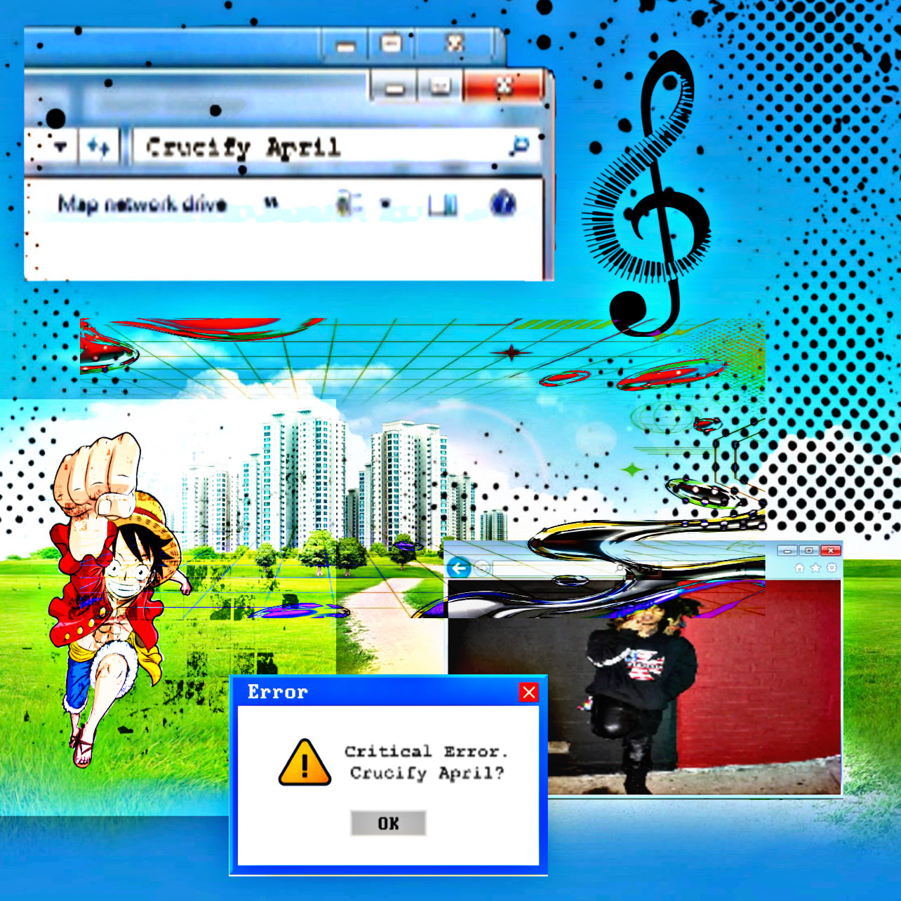 A stylized digital collage features a manga character leaping against a cityscape backdrop, overlaid with a computer error dialog and musical notes.