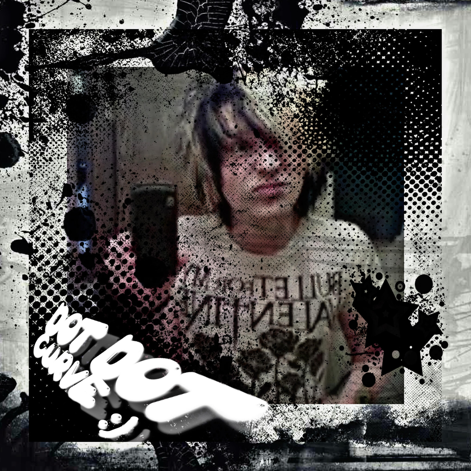 A stylized portrait with a heavily textured, monochromatic background and a central figure partially obscured by dark splatters and geometric overlays.