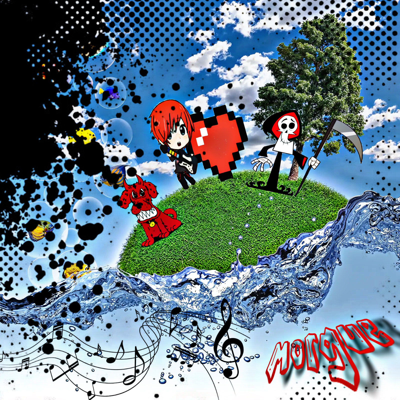 A stylized cartoon scene shows a red-haired character holding a heart-shaped object, a skeleton with a scythe, and a red dog with a surprised expression, all standing on a grassy hill with a flowing blue river and musical notes in the foreground.