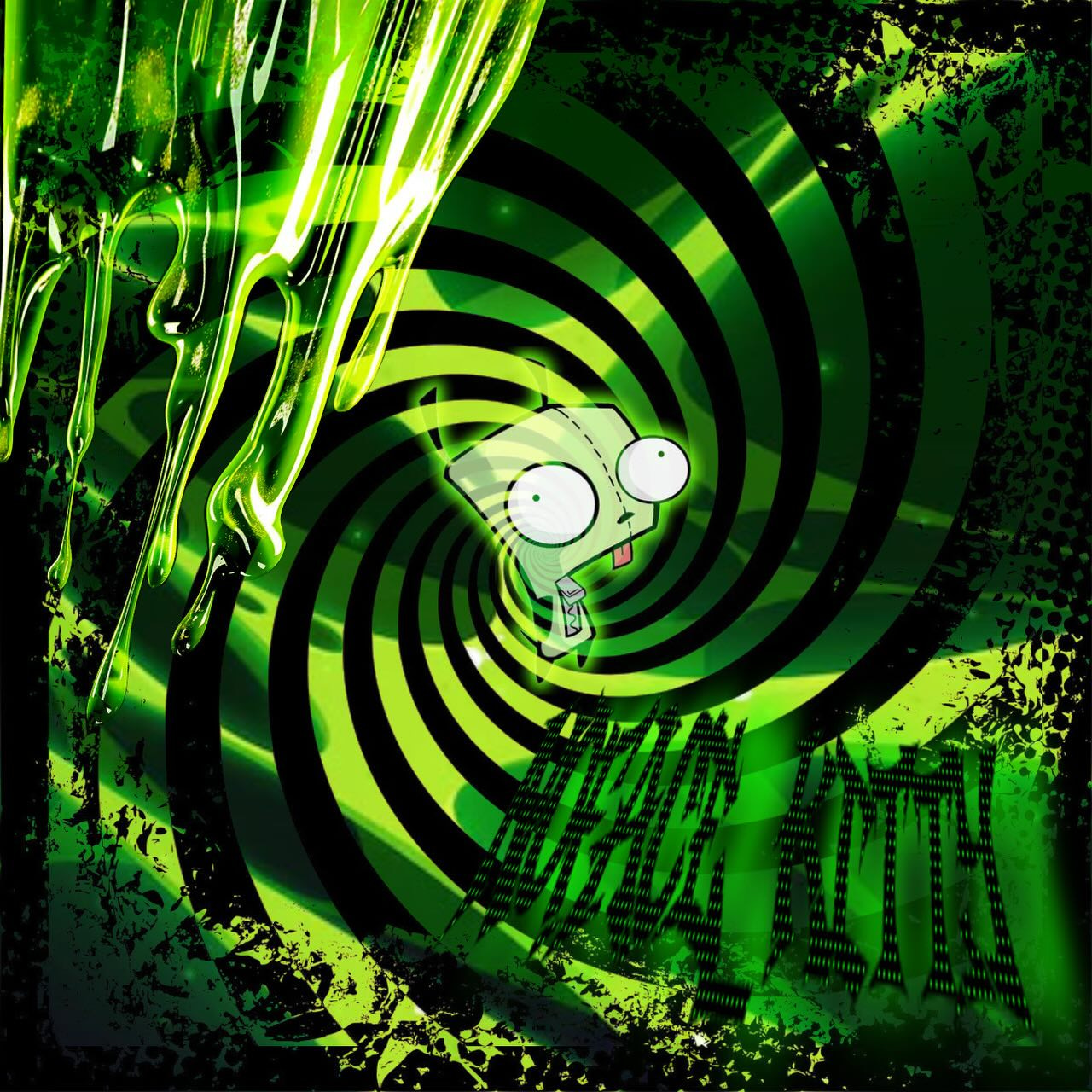 A stylized cartoon character with large eyes and a small mouth is centered within a swirling green vortex against a dark, textured background.