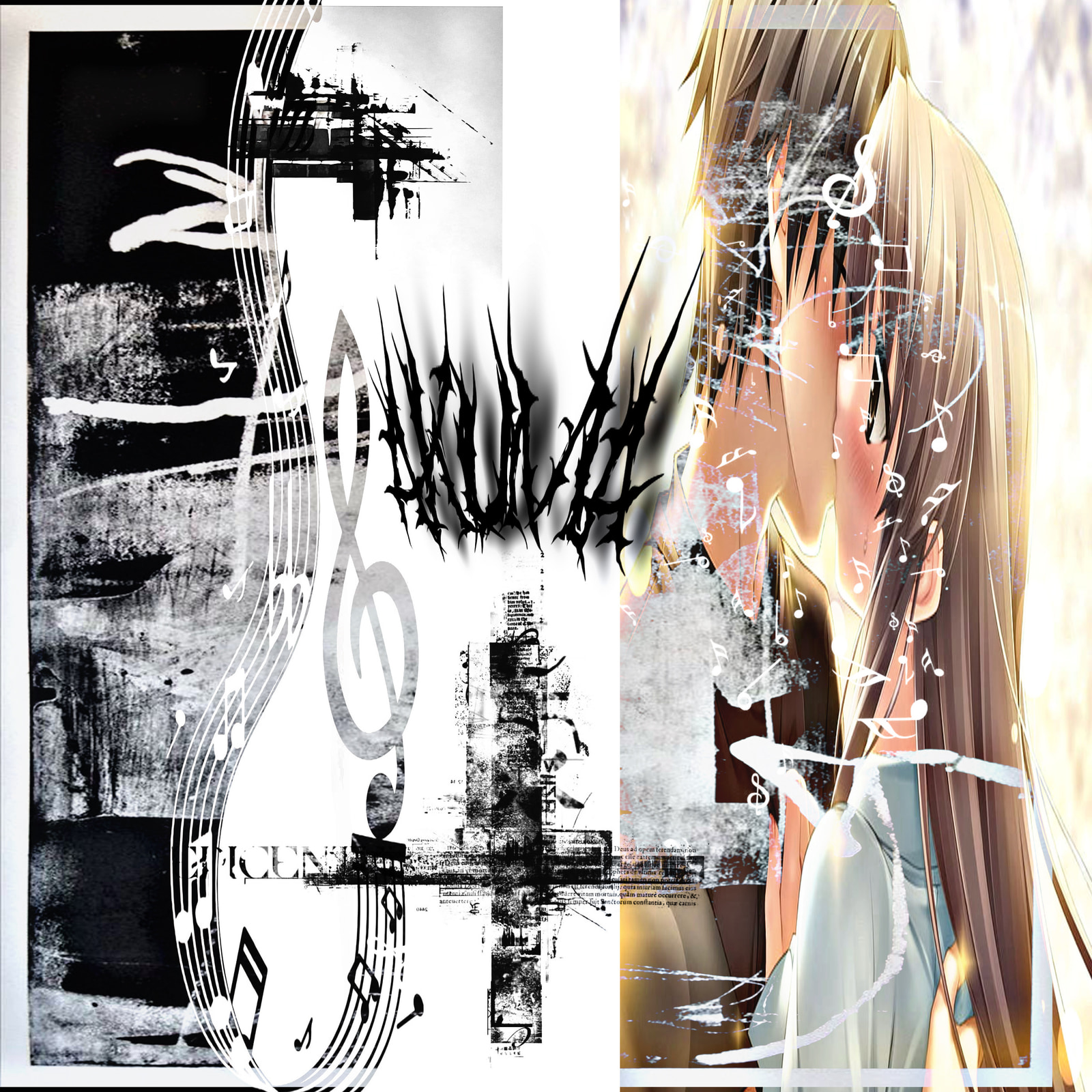 A stylized collage featuring a fragmented anime character on the right and abstract black-and-white graphic elements on the left, with overlapping musical notes and text fragments.