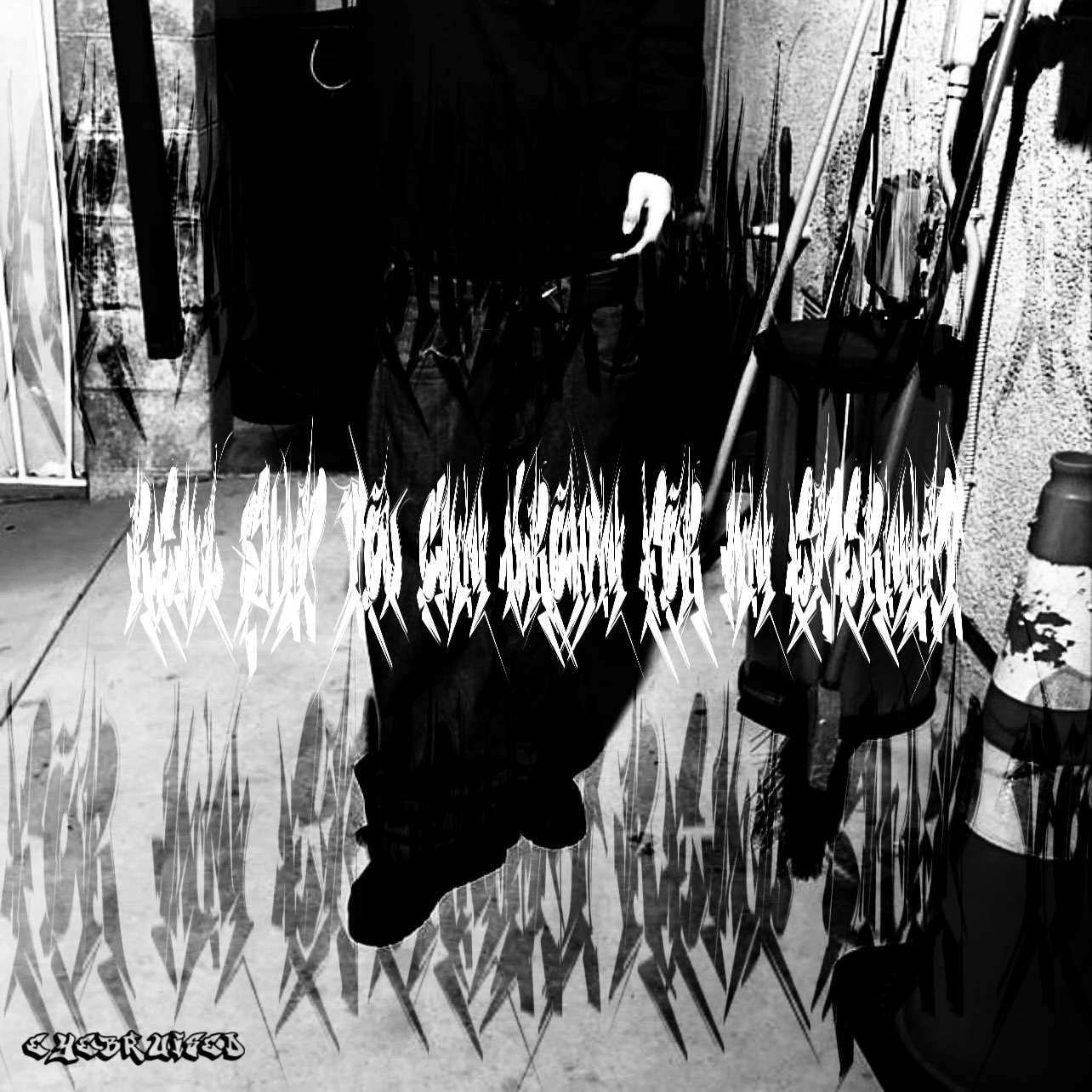 A stylized black-and-white image shows a figure in dark clothing walking through a textured, abstract background with sharp, angular patterns.