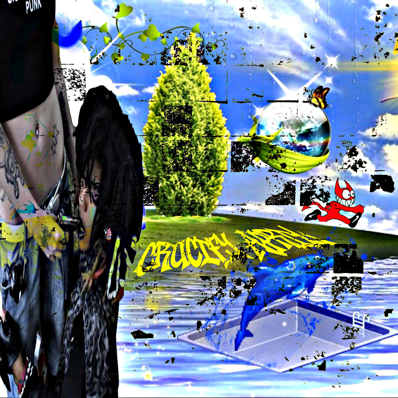 A stylized digital collage featuring a tattooed arm, a floating globe, a stylized tree, and graffiti elements against a vibrant, abstract background.