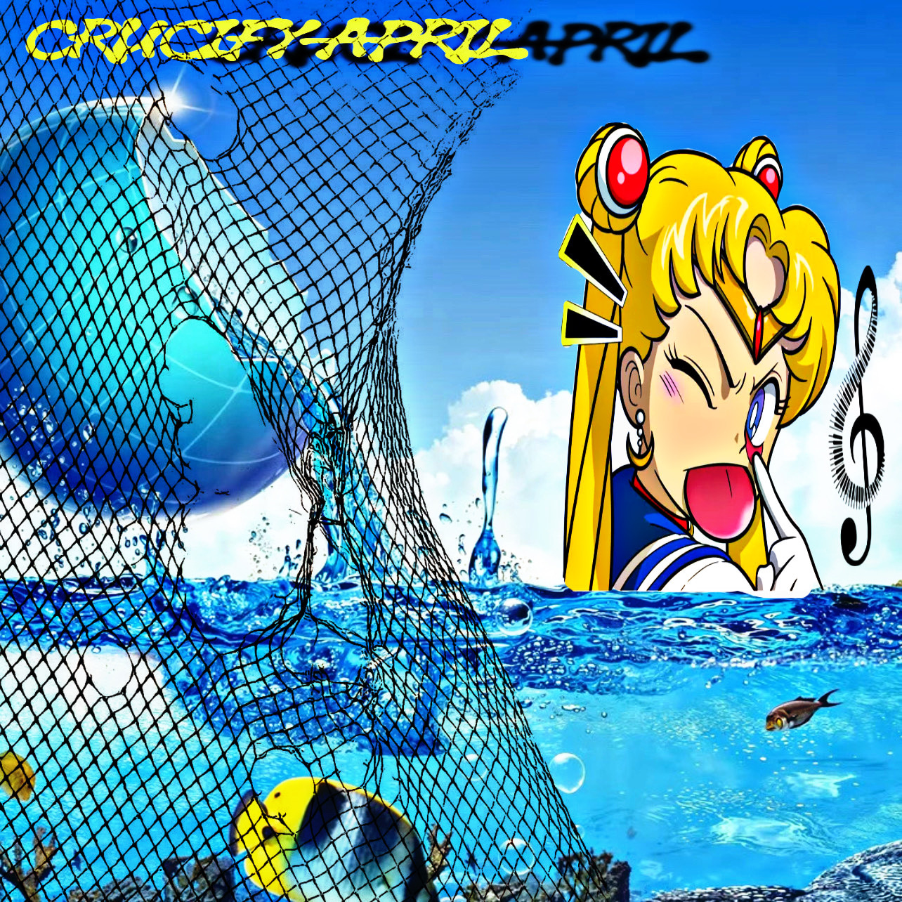 A stylized anime character with blonde hair and red eyes floats above a body of water, with a large net partially covering the scene and a planet visible in the background.