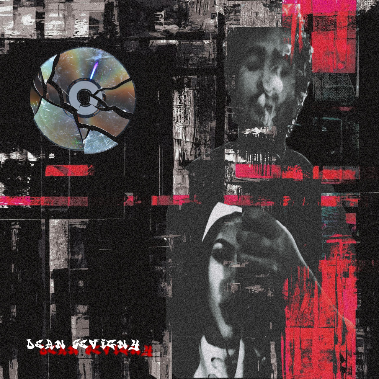 A stylized portrait of a person with sunglasses, overlaid with a cracked CD and red graphic elements on a dark background.