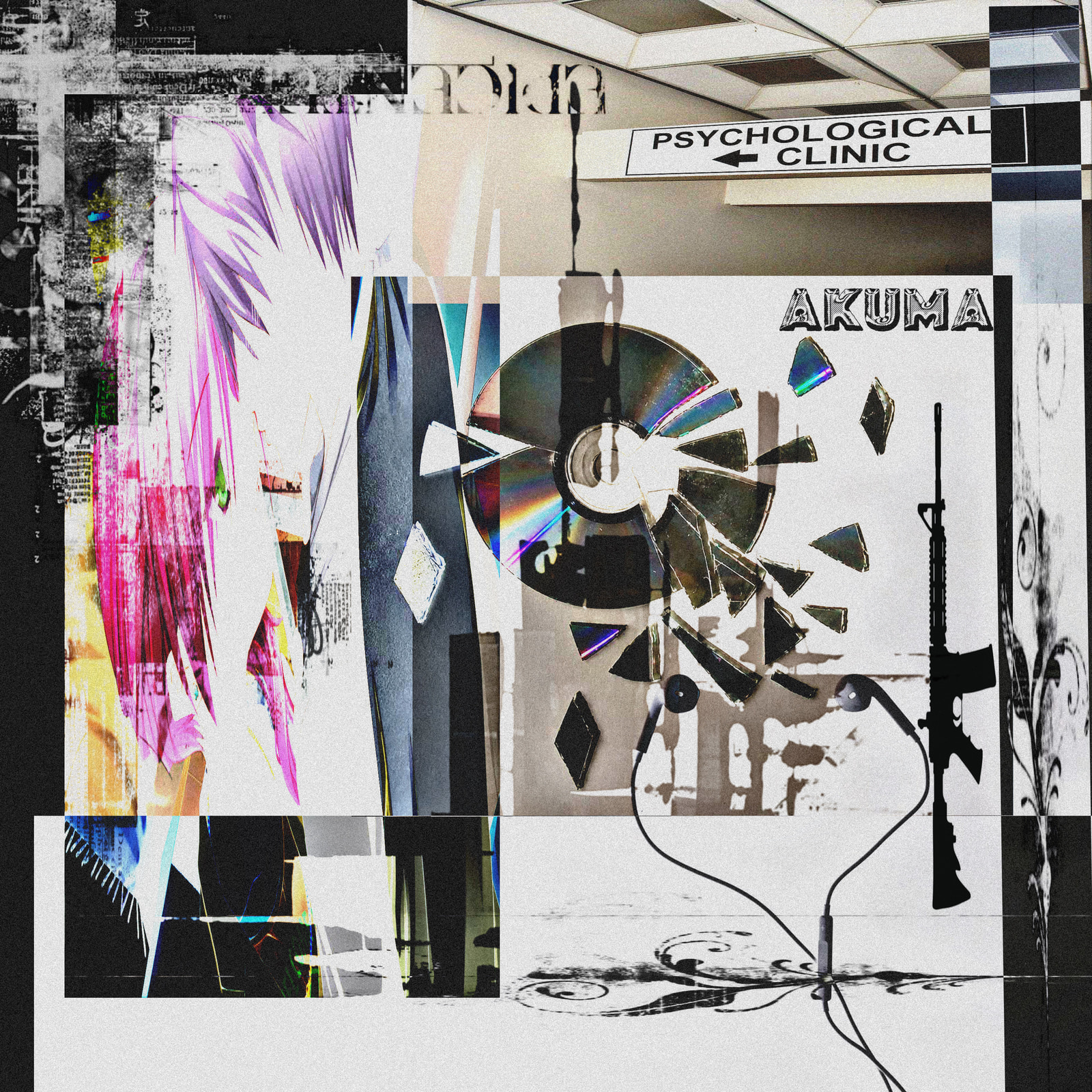 A collage of fragmented images and text features a central broken CD, a rifle, and overlapping graphic elements, with a sign reading "PSYCHOLOGICAL CLINIC" and the word "AKUMA" visible.